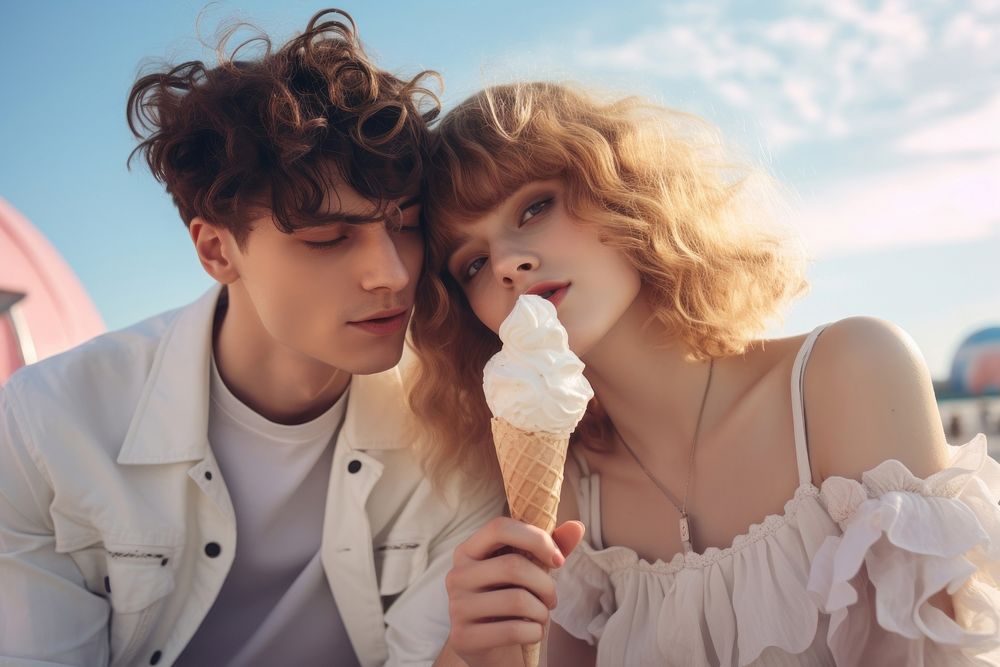 Teen couple eating ice cream in the festival background romantic togetherness friendship. AI generated Image by rawpixel.