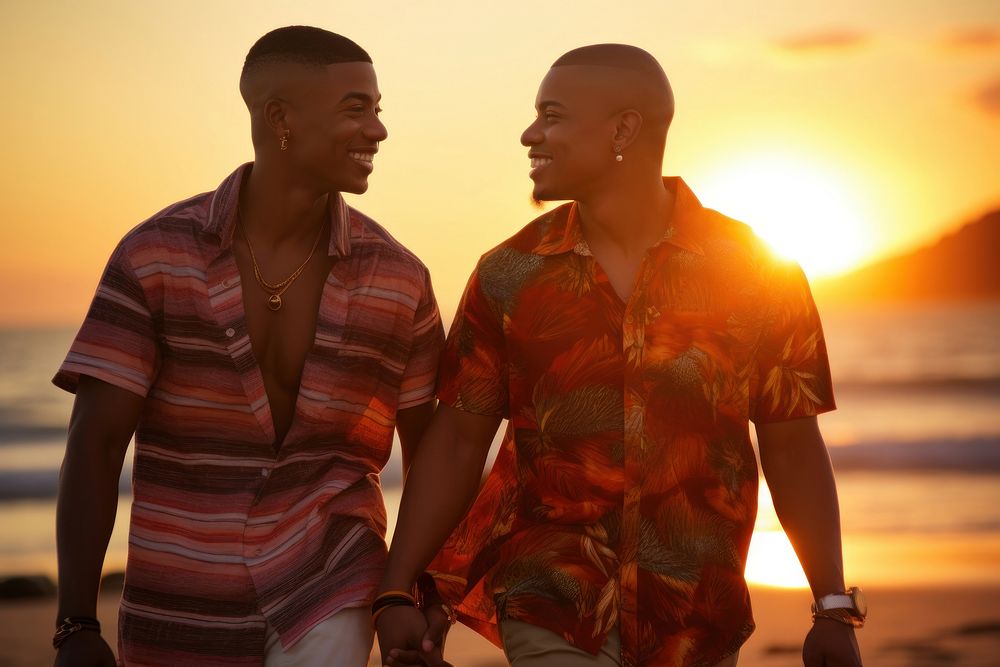 Black South African gay couple walking sunset beach adult. AI generated Image by rawpixel.