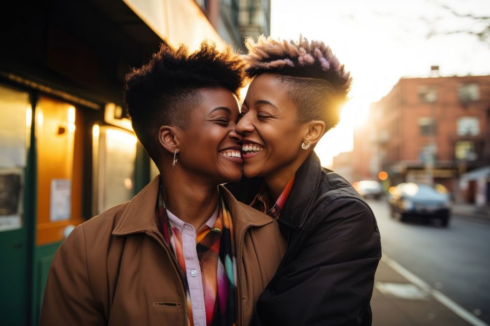 Black South African Lesbian couple hugging street portrait kissing. AI generated Image by rawpixel.