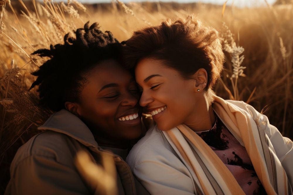 Black South African lesbian couple laying laughing portrait outdoors. AI generated Image by rawpixel.