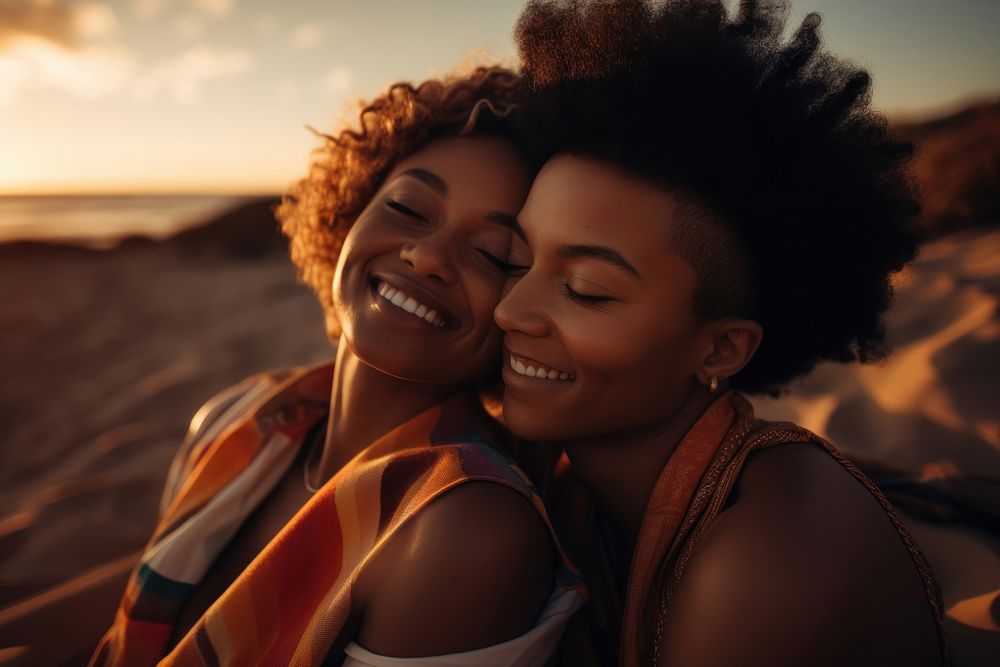 Black South African lesbian couple laying laughing portrait sunset. AI generated Image by rawpixel.