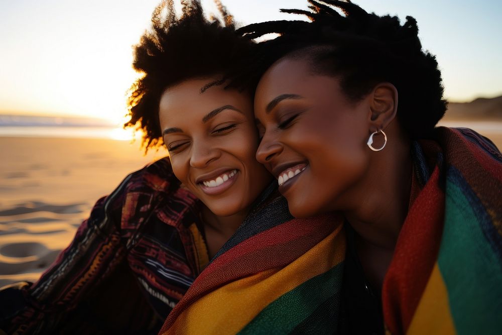 Black South African lesbian couple laying smile laughing portrait. AI generated Image by rawpixel.