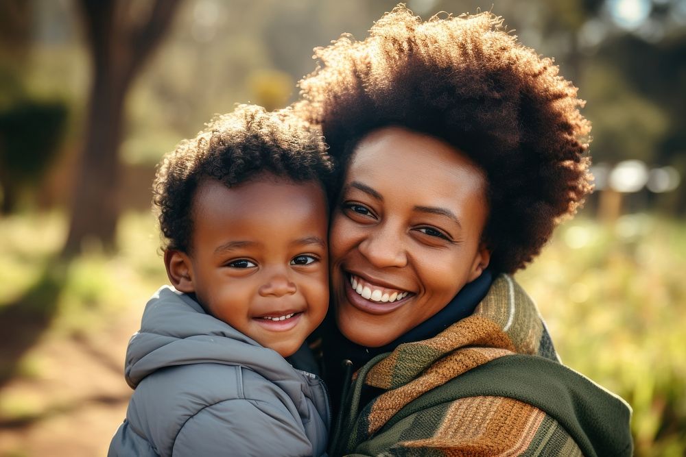 Black South African mom and son smile laughing portrait. AI generated Image by rawpixel.