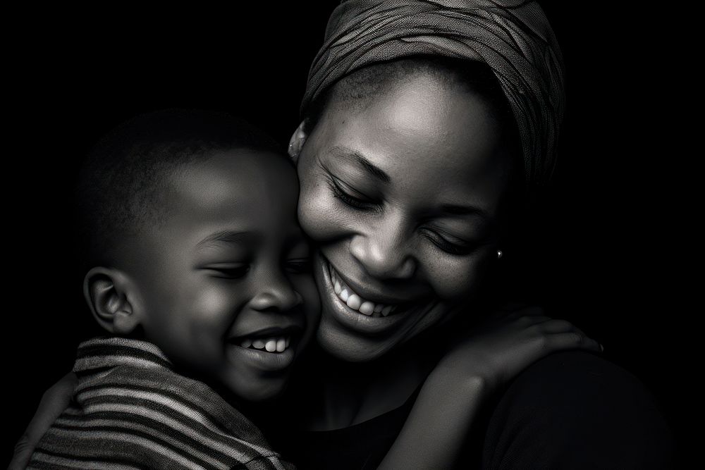 Black South African mom and son portrait hugging family. AI generated Image by rawpixel.