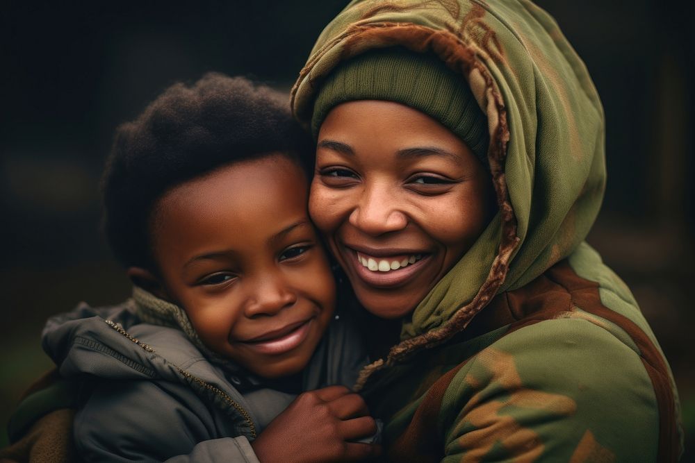 Black South African mom and son smile laughing portrait. AI generated Image by rawpixel.