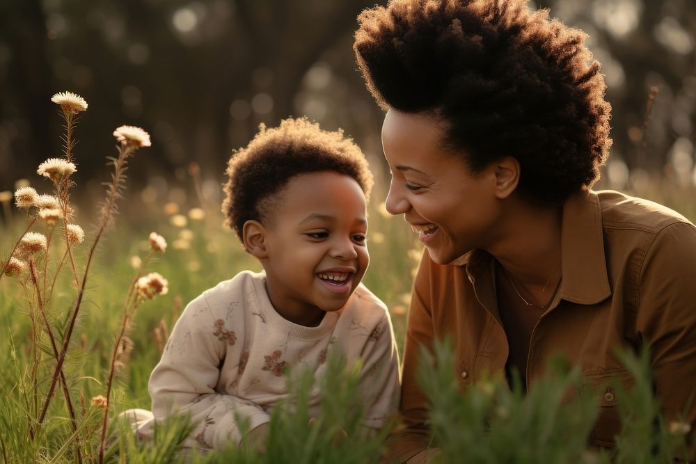 Black South African mom and son family nature child. AI generated Image by rawpixel.