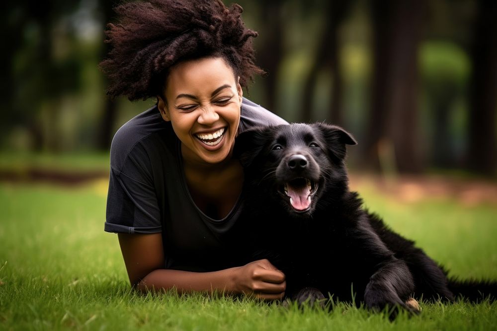 Black South African playing with her dog mammal animal smile. AI generated Image by rawpixel.