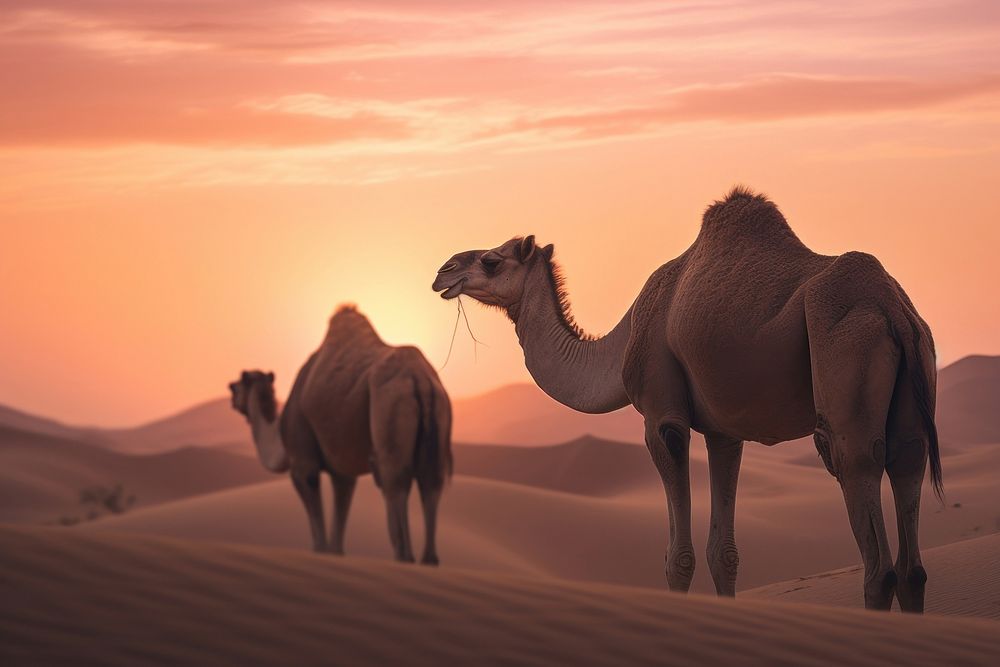 Camels in sand dunes camel wildlife outdoors. AI generated Image by rawpixel.