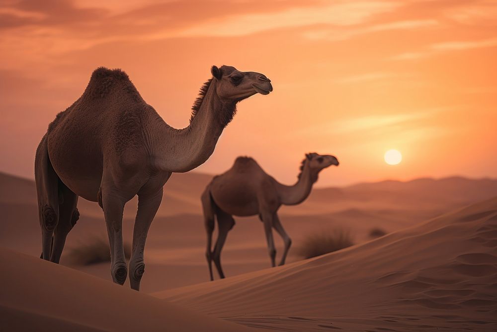 Camels in sand dunes camel wildlife outdoors. AI generated Image by rawpixel.