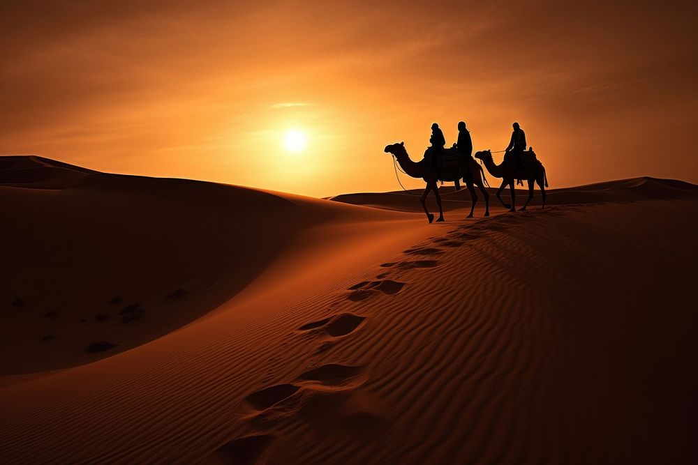 Camels silhouettes in sand dunes camel outdoors nature. AI generated Image by rawpixel.