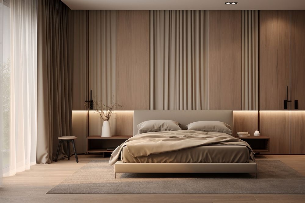 Minimal bedroom furniture curtain architecture. AI generated Image by rawpixel.