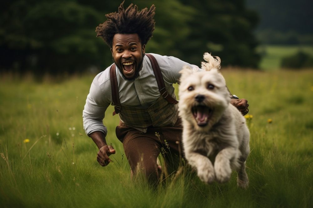 Black guy with pet grass outdoors running. AI generated Image by rawpixel.