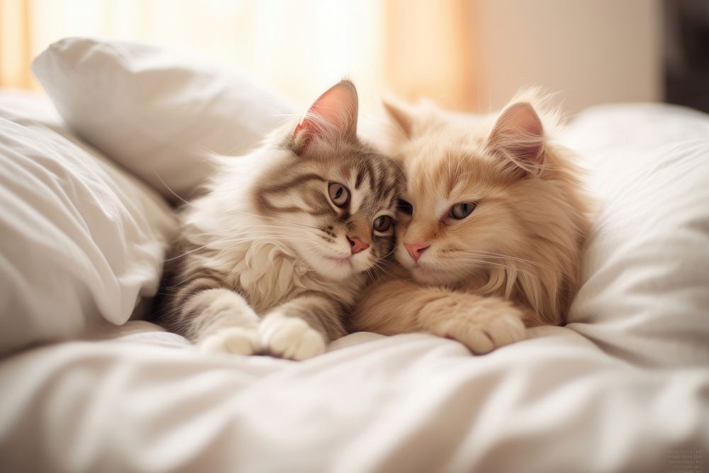Couple cat hugging on the bed furniture mammal animal. AI generated Image by rawpixel.