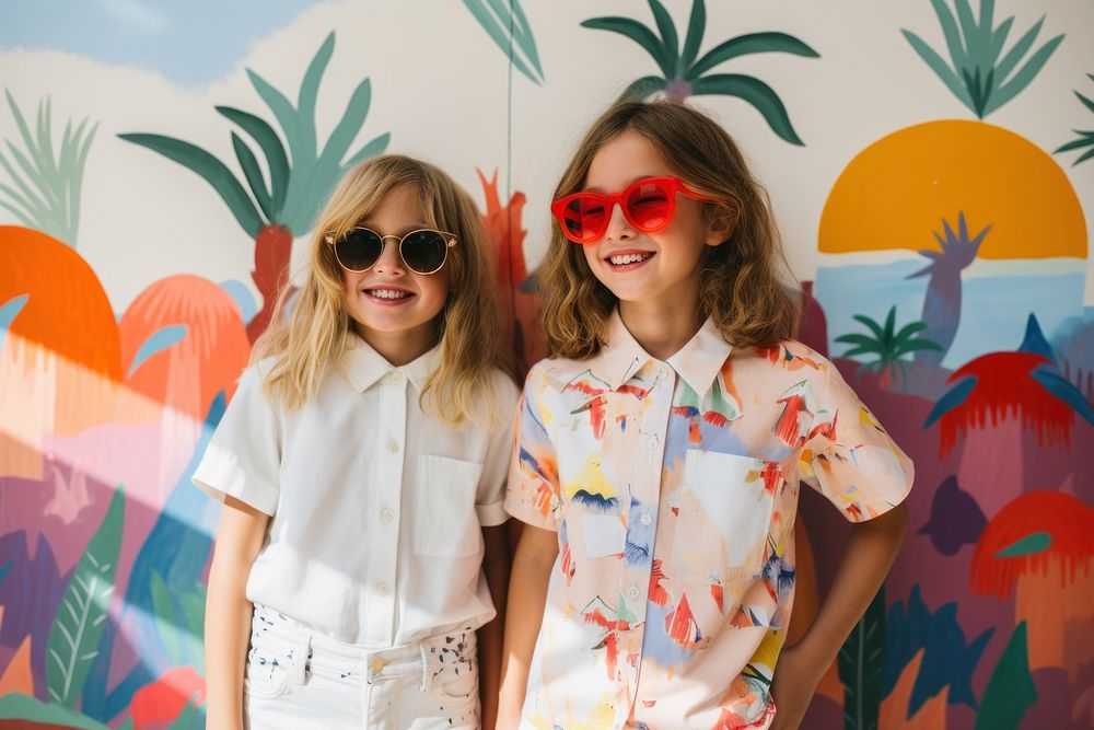 Girls in beach clothes sunglasses blouse mural. AI generated Image by rawpixel.
