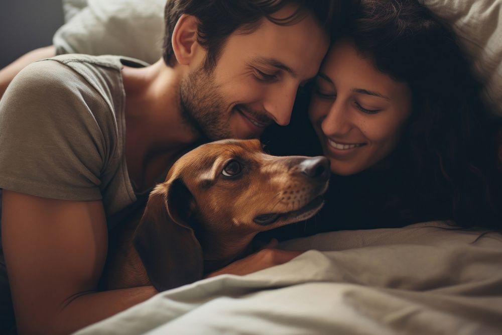 Gay couple hugging Dachshund dog on the bed mammal animal adult. AI generated Image by rawpixel.