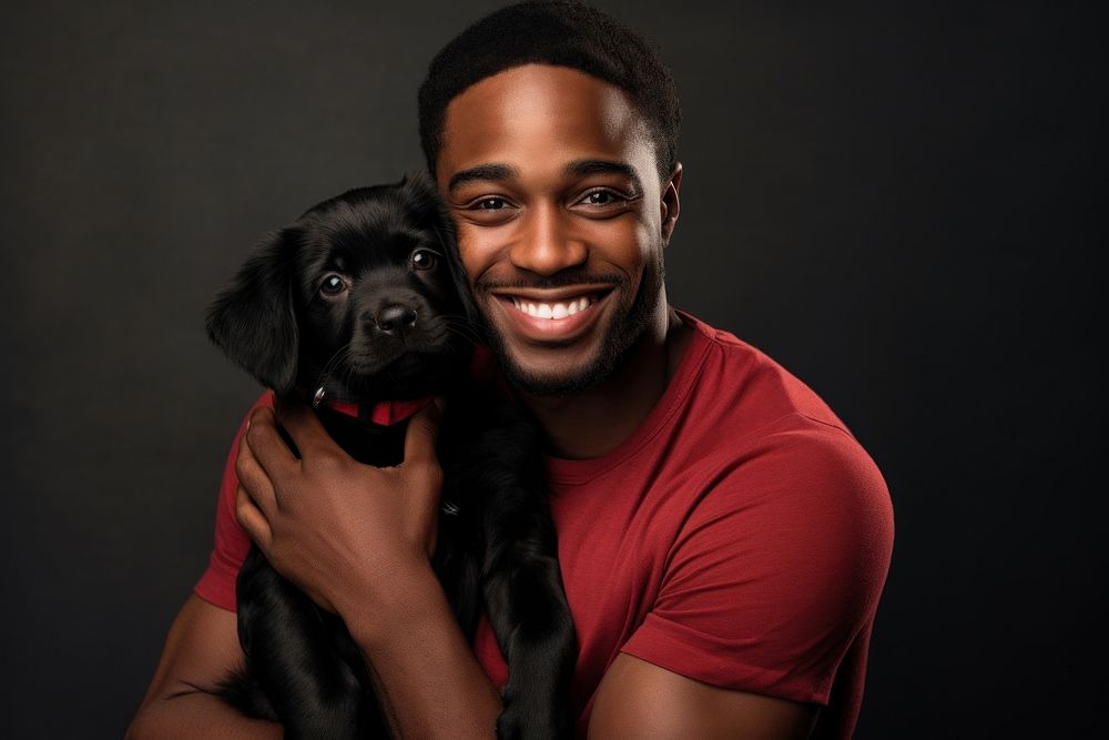 Happy black man hugging cute puppy pet portrait animal. AI generated Image by rawpixel.