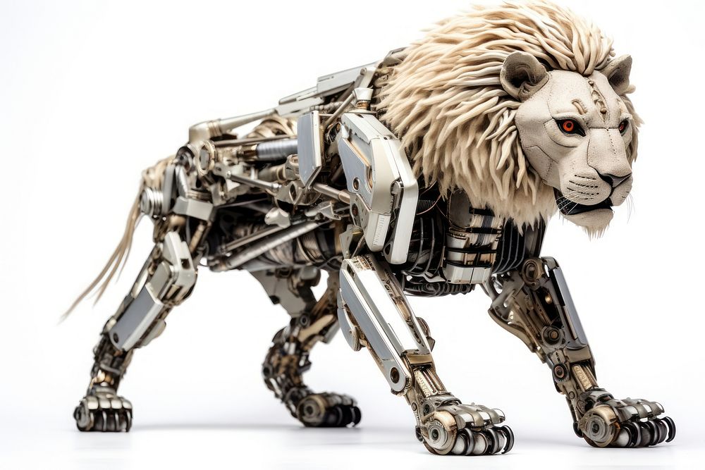 Lion robot white background carnivora sculpture. AI generated Image by rawpixel.