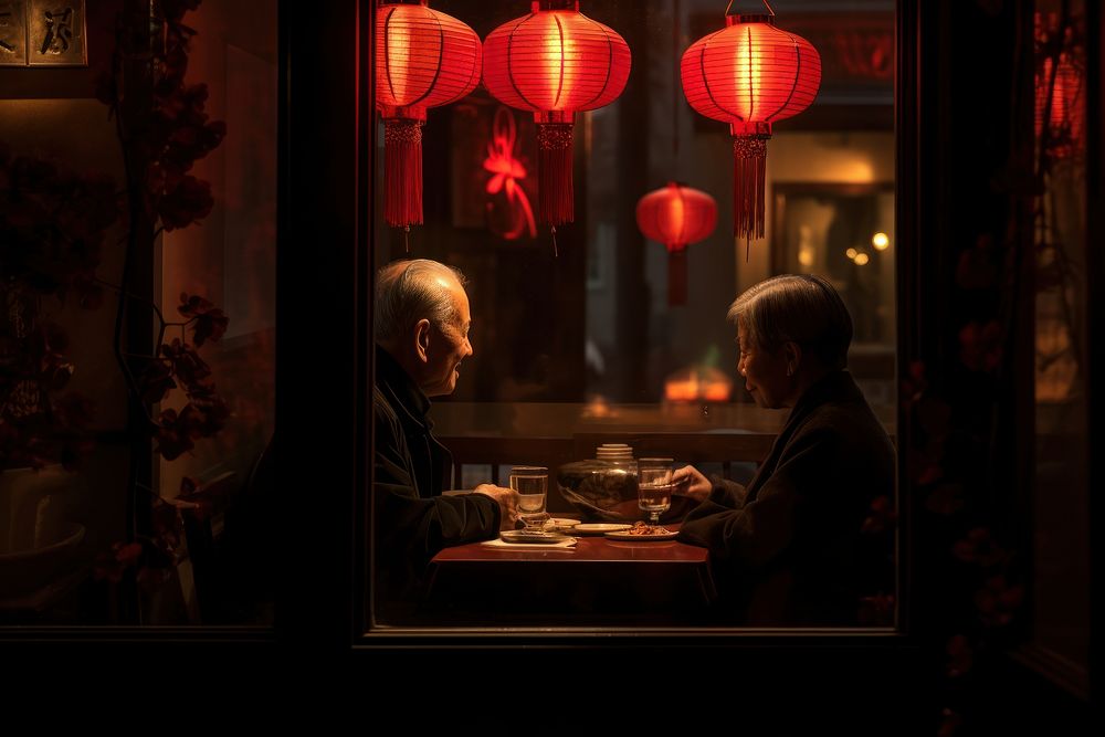 Old asian couple dinner in chinese restaurant romantic adult light. AI generated Image by rawpixel.