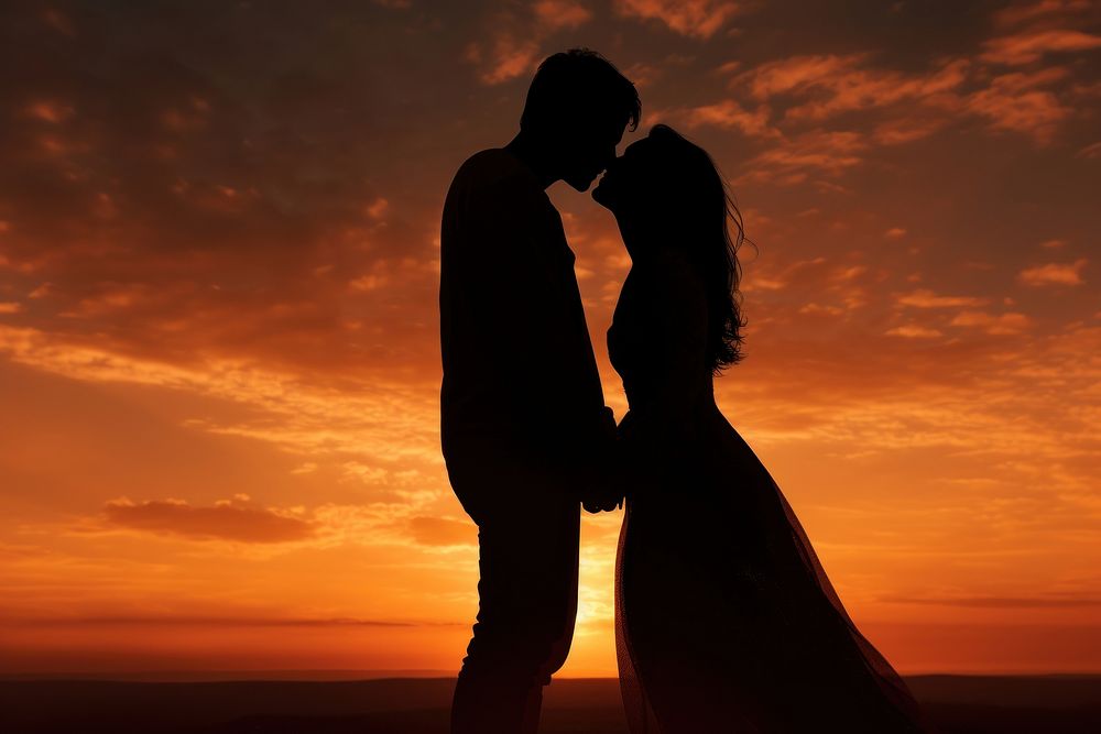 Silhouette of couple in sunrise sky backlighting wedding adult. AI generated Image by rawpixel.