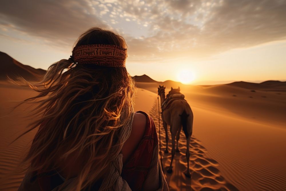 African Woman riding Camels in sand dunes outdoors nature desert. AI generated Image by rawpixel.
