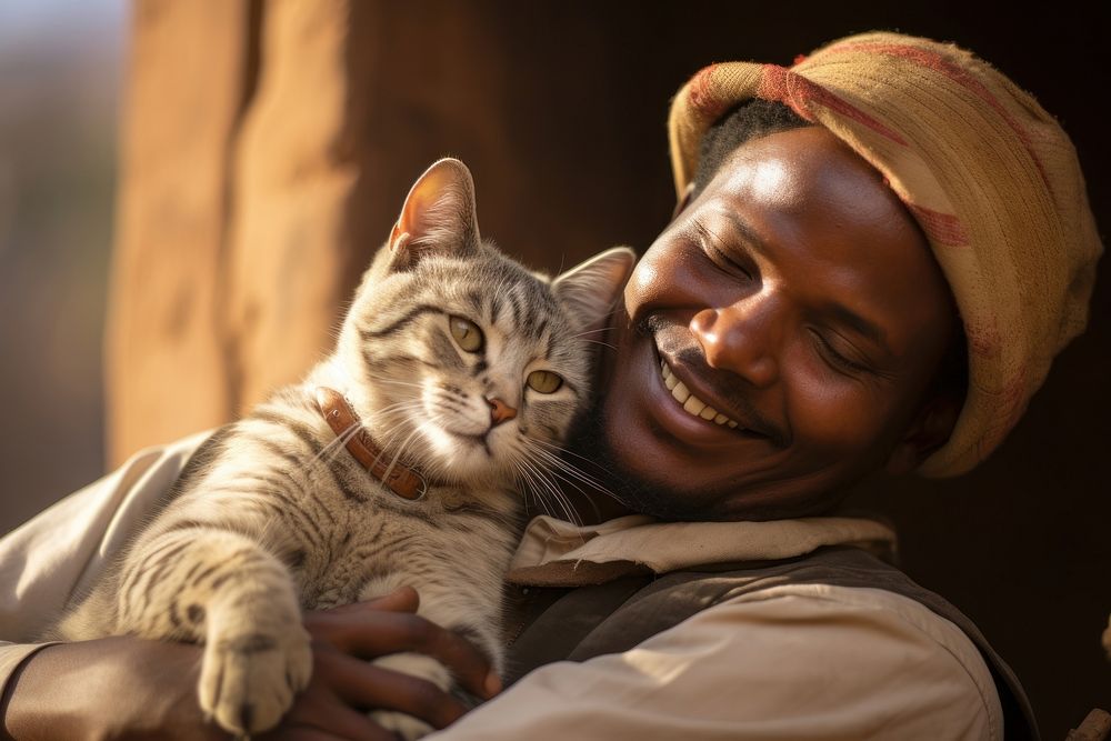 African man and cat pet portrait animal. AI generated Image by rawpixel.