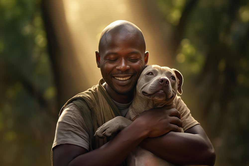 African man hug pet portrait mammal animal. AI generated Image by rawpixel.