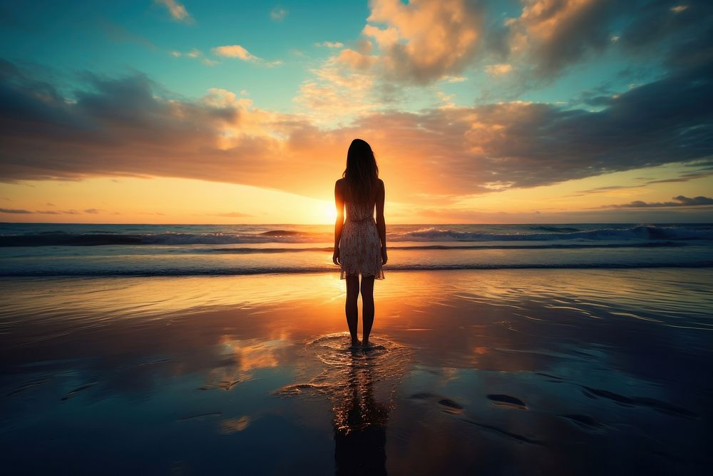 Silhouette standing on beach silhouette outdoors horizon. AI generated Image by rawpixel.