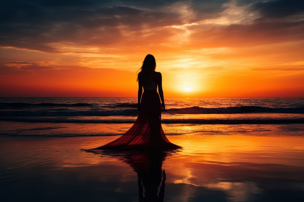 Silhouette standing on beach silhouette sunset backlighting. AI generated Image by rawpixel.
