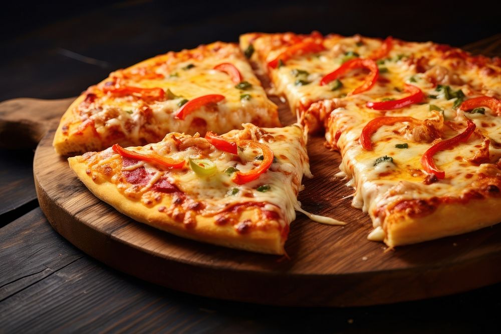 Pizza cheese crust seafood topping vegetable slice wood. AI generated Image by rawpixel.