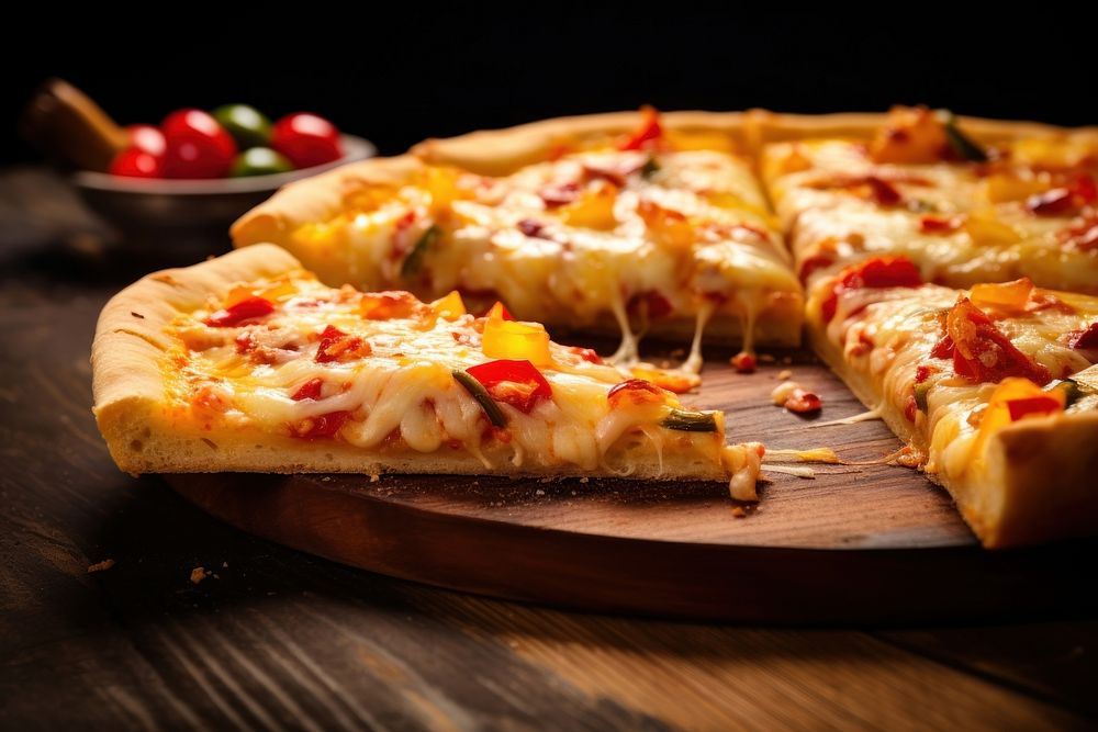 Pizza cheese crust seafood topping slice table wood. AI generated Image by rawpixel.