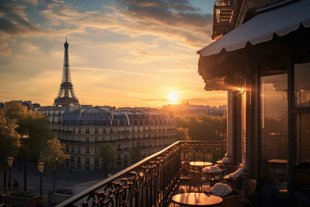 Sun sets on Paris building city architecture. AI generated Image by rawpixel.