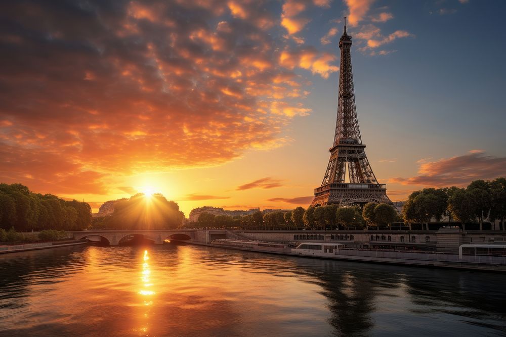 Sun sets on Paris tower architecture building. AI generated Image by rawpixel.