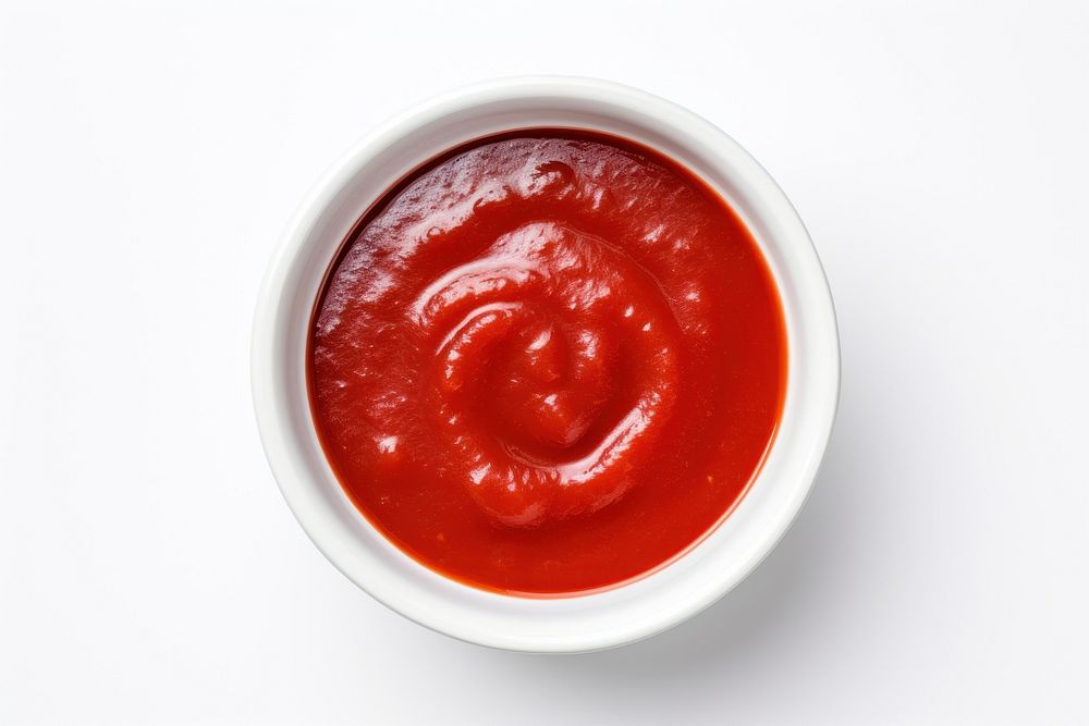 Ketchup on a small white bowl food white background strawberry. AI generated Image by rawpixel.