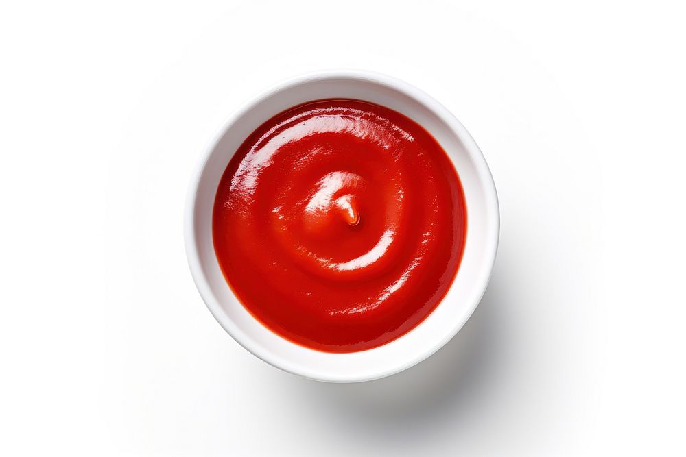 Ketchup on a small white bowl food white background strawberry. AI generated Image by rawpixel.