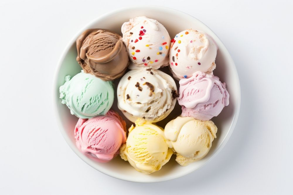 Many ice cream flavour on a white bowl dessert food white background. AI generated Image by rawpixel.