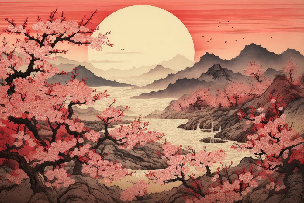 Cherry blossom landscape art outdoors painting. AI generated Image by rawpixel.