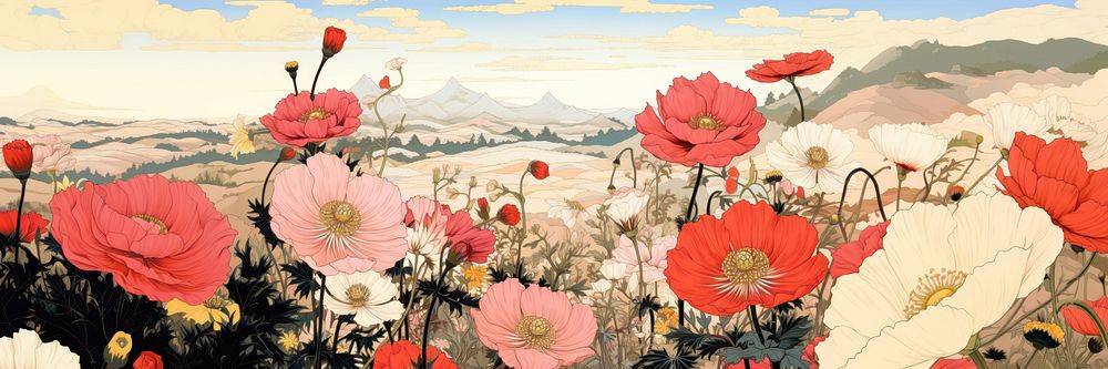 Cosmos flower garden art backgrounds landscape. AI generated Image by rawpixel.