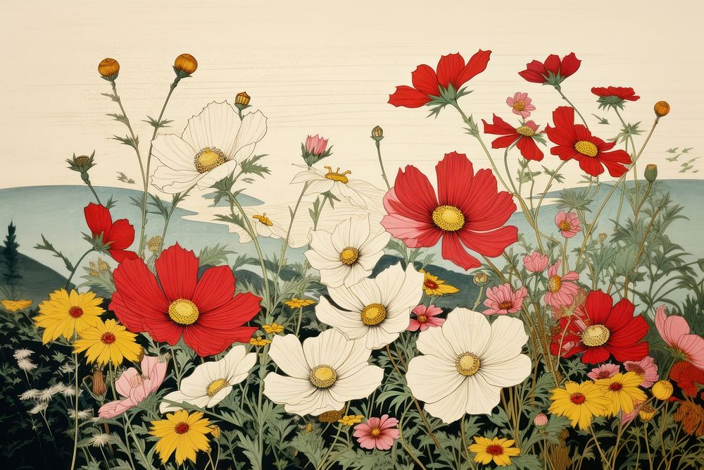 Cosmos flower garden art painting outdoors. AI generated Image by rawpixel.