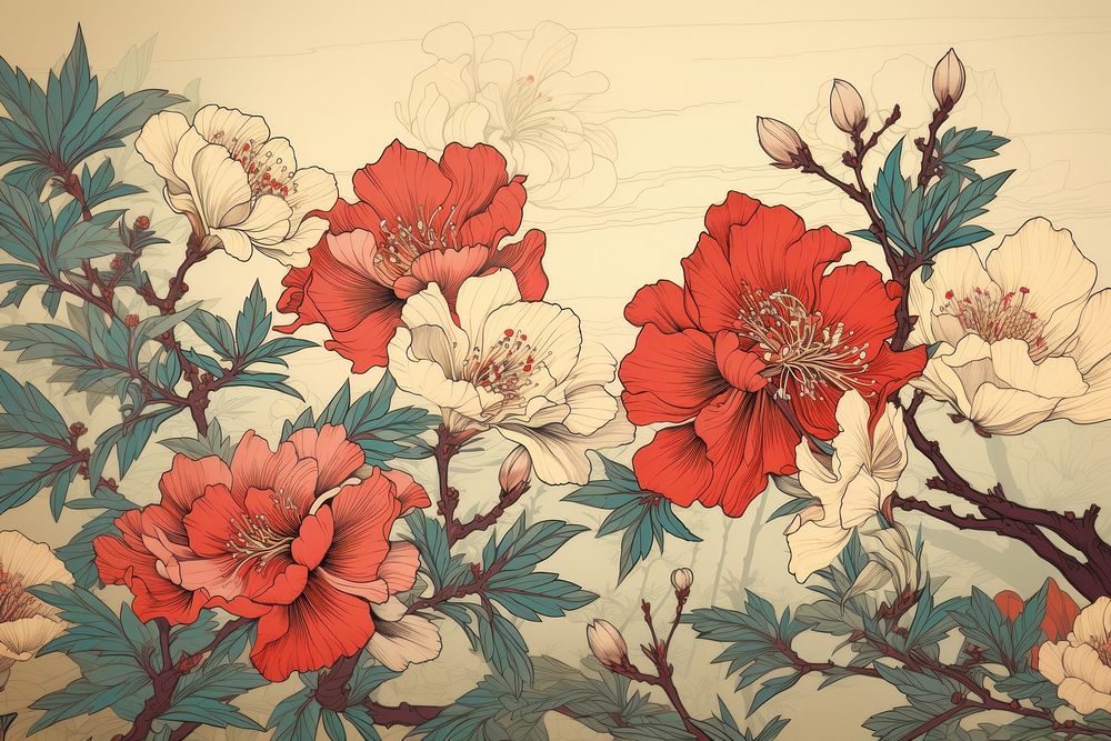 Japanese flowers art backgrounds painting. AI generated Image by rawpixel.