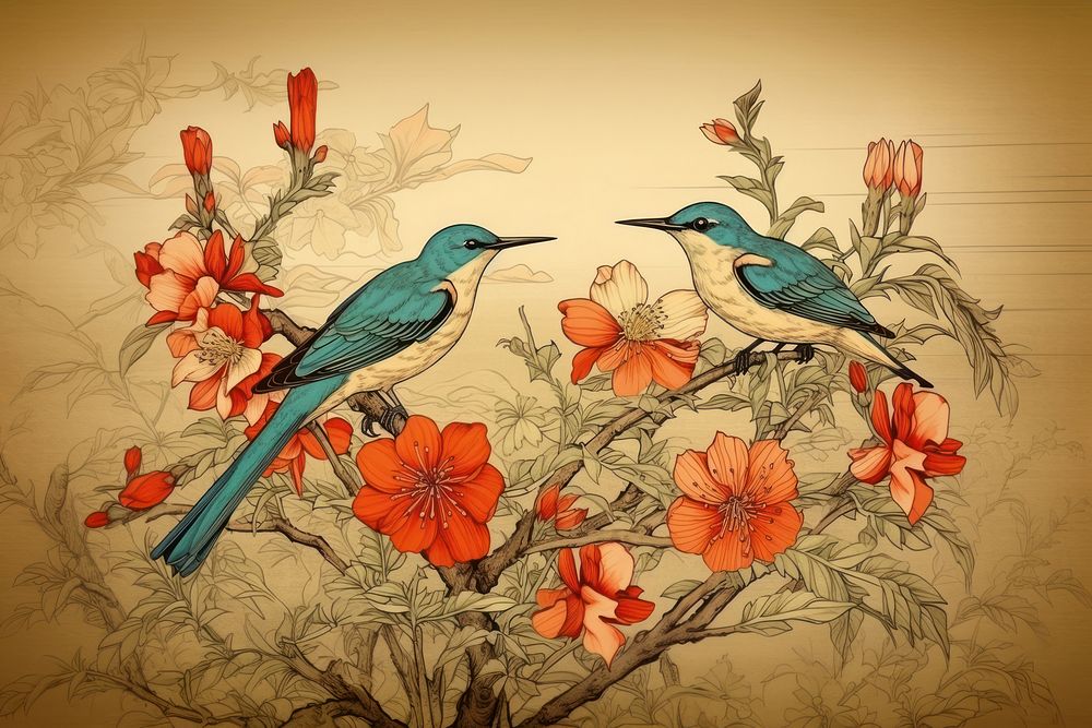 Multicolor flower with three birds drawing sketch art. AI generated Image by rawpixel.
