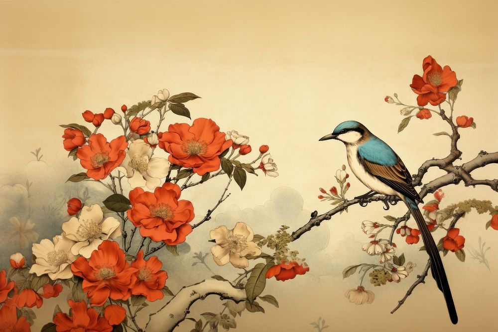 Multicolor flower with three birds art painting animal. AI generated Image by rawpixel.