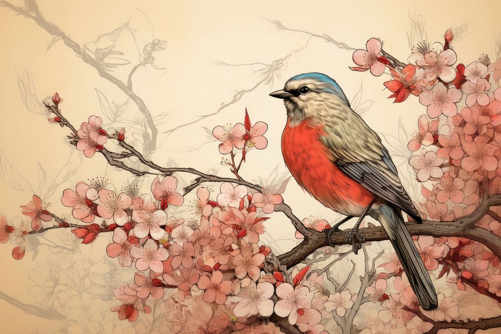 Spring flower with birds painting animal plant. 