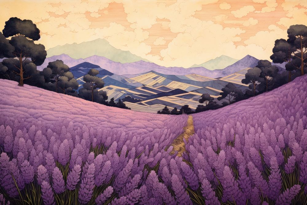 Stunning lavender field flower art outdoors. AI generated Image by rawpixel.