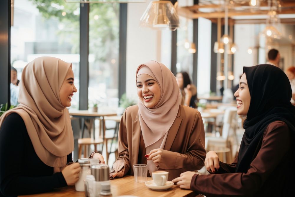 Women in hijab laughing at a coffee shop adult togetherness refreshment. AI generated Image by rawpixel.