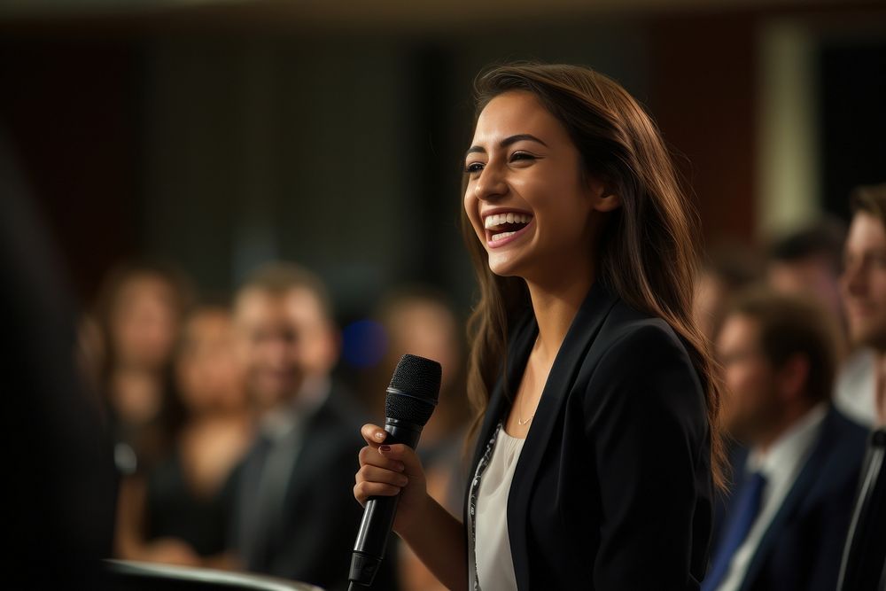 Young Hispanic woman speaker on professional stage in meeting microphone laughing audience. AI generated Image by rawpixel.