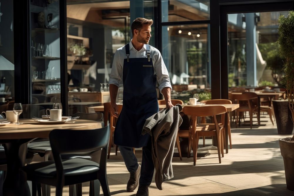 A man with apron moving chairs waiter adult cafe. AI generated Image by rawpixel.