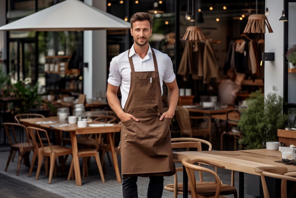 A man with apron carrying chairs waiter adult cafe. AI generated Image by rawpixel.