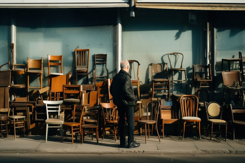 A man in apron carrying old chairs furniture architecture building. AI generated Image by rawpixel.