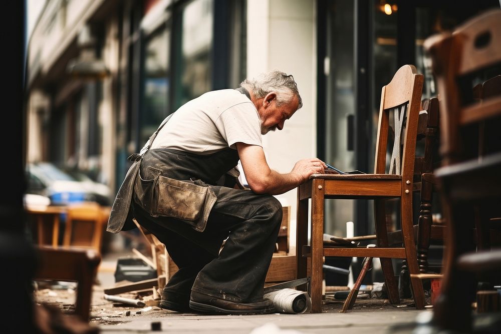 A man in apron repairing a old chair furniture street adult. AI generated Image by rawpixel.