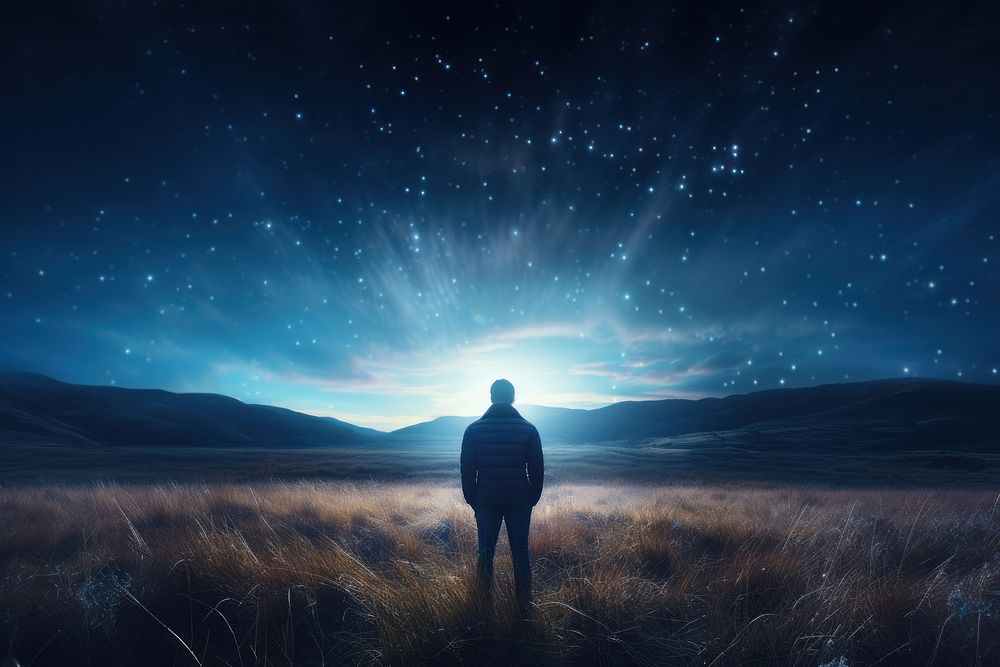 A man standing in a field by a glowing milky way stars mountain outdoors horizon. AI generated Image by rawpixel.